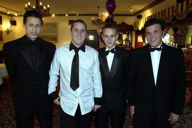 Silverdale School Sixth Form prom at Baldwin's Omega. Pictured left to right: David Burgess, Simon Pilkington, Peter Maybery and Andrew Harding...July 2002