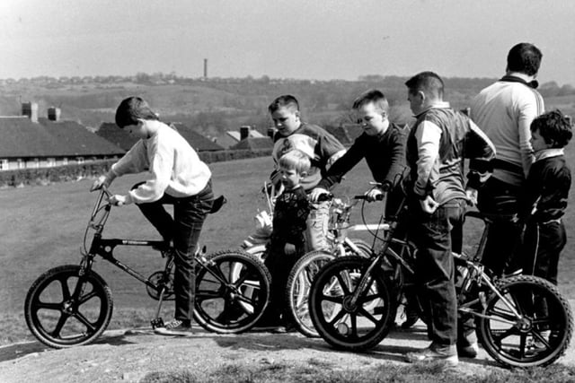 BMX Riders in Parson Cross Park with Keppels Column on the skyline in 1989. The specially constructed circuit there is popular with BMX riders