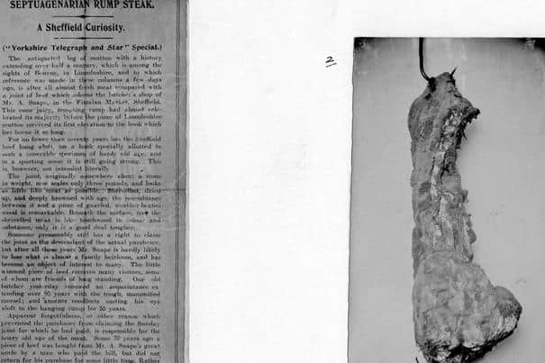 The joint of beef that hung in a Sheffield butcher's for 70 years, and the newspaper cutting telling the story. Image: Picture Sheffield.