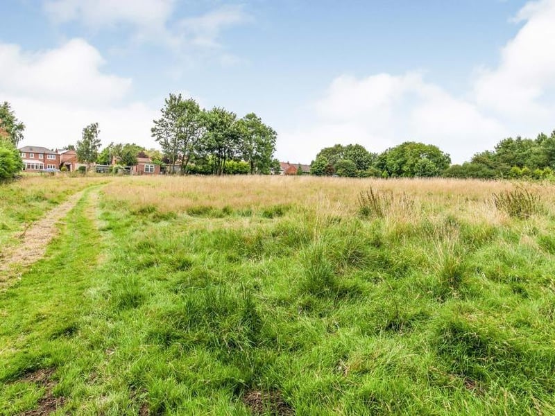 Just a fraction of the two-acre paddock, bordered by a fence and hedges. It features an allotment area, greenhouse and sheds.