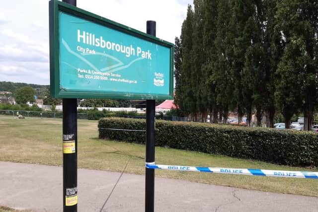 This was the scene in Hillsborough Park today as police continued investigations into the suspected attempted murder of a girl, aged 13.