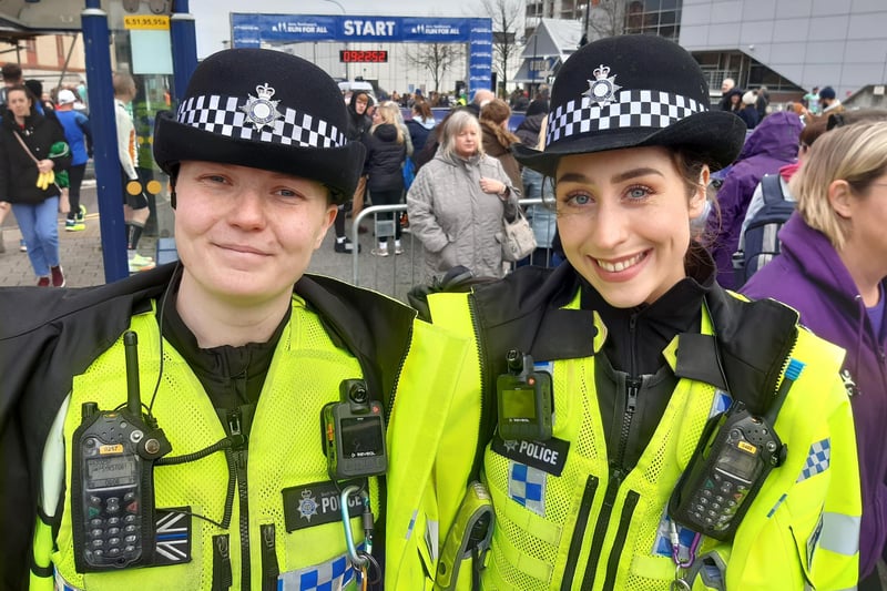 South Yorkshire Police officers Pc Lewis and Pc Seager on duty at the 2023 Sheffield Half Marathon and enjoying a fabulous atmosphere among the many spectators.