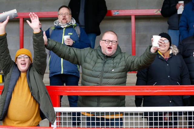 Mansfield Town fans at Crawley Town FC. 
Pic: Chris Holloway / The Bigger Picture.media