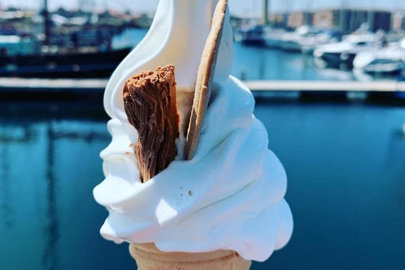 Enjoying an ice cream at Hartlepool Marina.