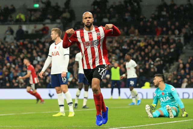 David McGoldrick celebrates scoring for Sheffield United against Tottenham before it was ruled out by VAR