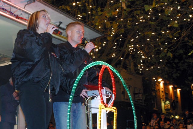 Becky and Sean from the radio station Peak 107 switching on the Christmas lights in Chesterfield in 2002