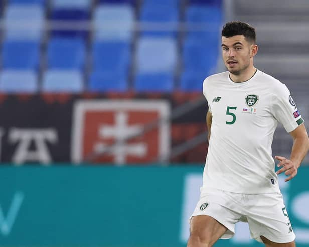John Egan of Ireland runs with the ball during the UEFA EURO 2020 Play-Off Semi-Final match between Slovakia and Republic of Ireland (Photo by Alexander Hassenstein/Getty Images)
