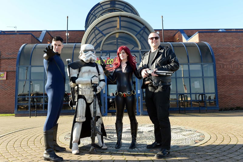 Robbie Mellor as Mr Fantastic, a Storomtrooper from Star Wars, Gwyneth Griffiths as Black Widow from the Avengers and Ian Wardrobe as Terminator. They were all at the 2014 SciFair at the Seaburn Centre.