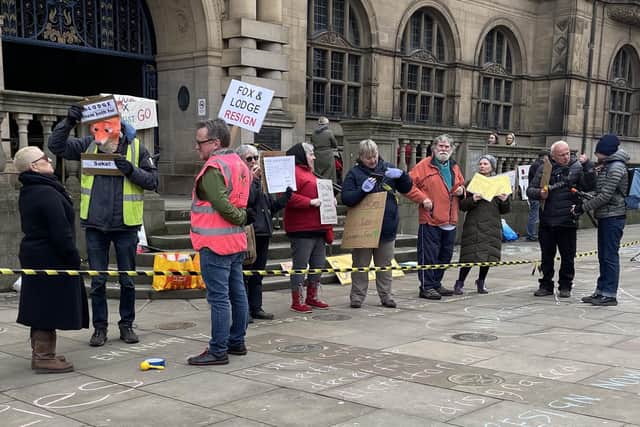 Sheffield street tree protesters gathering outside Sheffield Town Hall following the publication of the Lowcock Report
