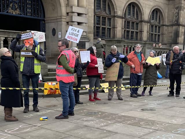 Sheffield street tree protesters gathering outside Sheffield Town Hall following the publication of the Lowcock Report