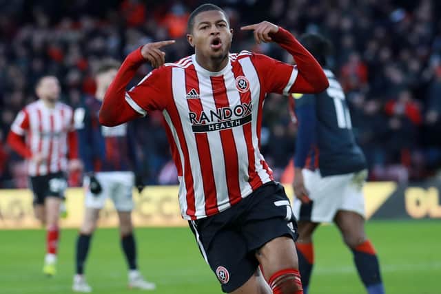 Rhian Brewster celebrates opening the scoring for Sheffield United against Luton Town: Simon Bellis / Sportimage