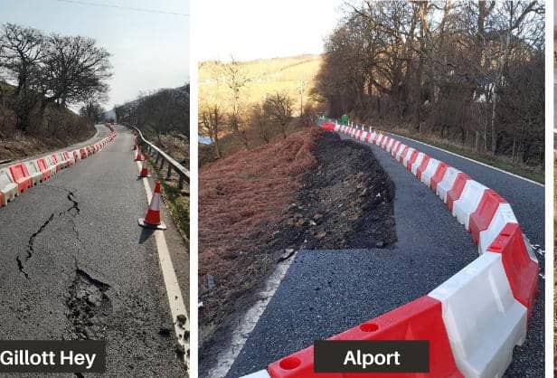 The storms caused three sections of the road surface to drop, in one area by around two metres, leaving ‘major cracks’ in the road and the risk of further landslips.