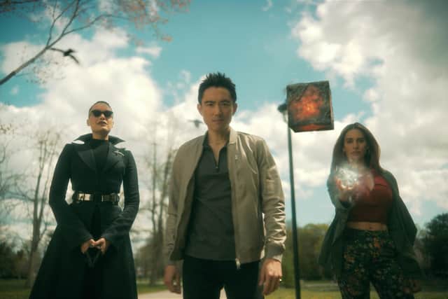 The Umbrella Academy featuring Britne Oldford as Fei, Justin H. Min as Ben Hargreeves, Christopher, Genesis Rodriguez as Sloane.