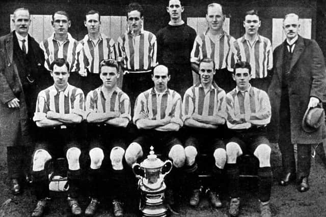 Sheffield United's FA Cup winners in 1925.  Centre is captain Billy Gillespie, with two other famous Blades, Harry Johnson and Fred Tunstall on the right