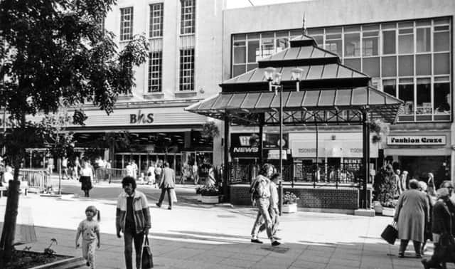 The bandstand on the The Moor, in Sheffield city centre, in 1986, with British Home Stores, GT News; Visionhire and Fashion Craze in the background.