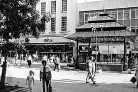 The bandstand on the The Moor, in Sheffield city centre, in 1986, with British Home Stores, GT News; Visionhire and Fashion Craze in the background.