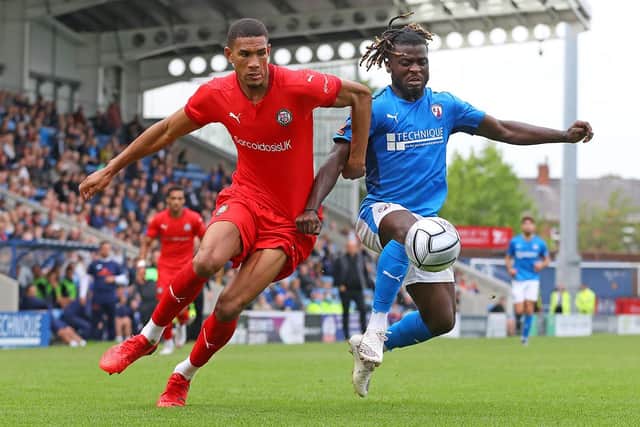 Chesterfield take on Dover Athletic this Saturday. Pictured: Kabongo Tshimanga.