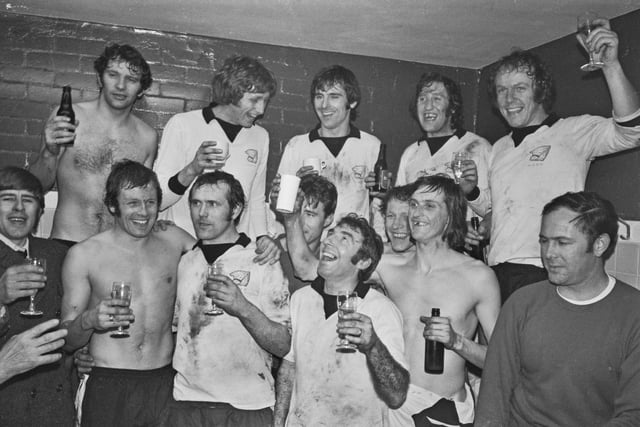 Hereford United FC celebrate their 2-1 win against Newcastle United. Ronny Radford's thunderbolt goal has proved to be a lasting FA Cup icon ever since.