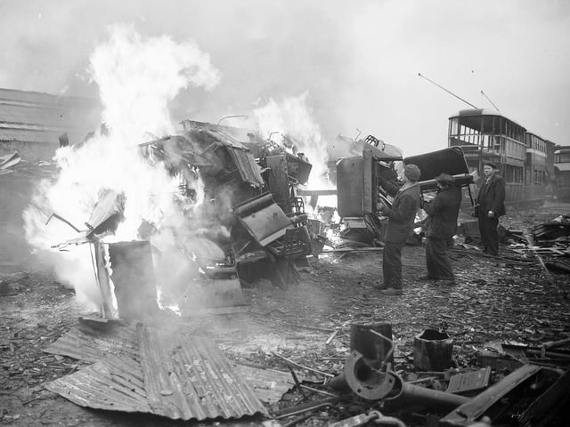 Tram cars being burned at Coatbridge