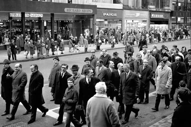 Miners' ,march along Princes Street.
Leading the rally are some familiar names including NUM leaders Joe Gormley, and Mick McGahey, plus politicians Jim Sillars and the late John Smith.