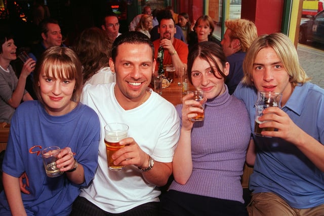 Pictured at the Cavendish Pub, West Street, Sheffield, where young people are seen enjoying a drink. LtoR arew,  Lindsay Fisher, Sean Holden, Lindsey Hara, and Matthew Hounsley in 1999