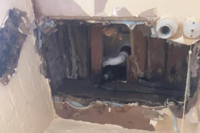 The collapsed ceiling below the bath at Chelsea Pinkington's Parson Cross home in Sheffield