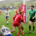 Eagles celebrating Cory Aston's try in the second half at Whitehaven