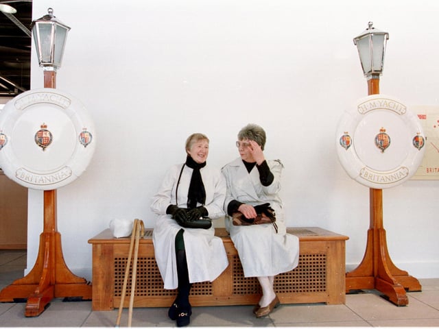 The first time the Royal Yacht Britannia opened its doors to the public at its new home in Leith. Amongst the first onboard were Eleanor Pacitti and Margaret Lyall, from Leith.