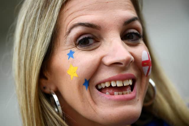 SOUTHAMPTON, ENGLAND - SEPTEMBER 10: A lady has her face painted ahead of the UEFA Euro 2020 qualifier match between England and Kosovo at St. Mary's Stadium on September 10, 2019 in Southampton, England. (Photo by Clive Mason/Getty Images)