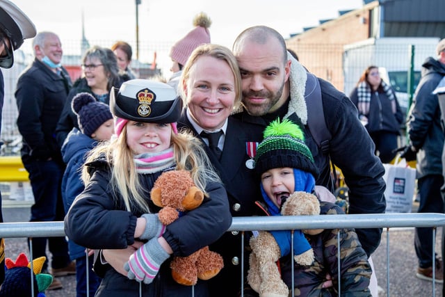 Jenni Smith with James, Evelyn 7 and Matthew 5 as she steps of HMS Defender. Picture: Habibur Rahman