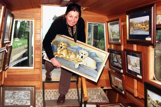 Shelia Bury an artist from Sprotbrough at on her floating studio in 1998.