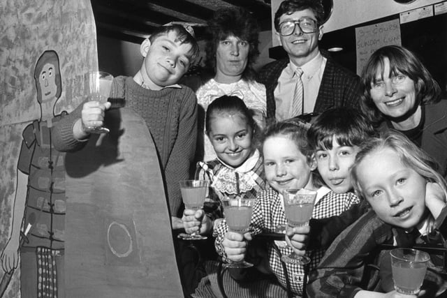 Pupils from Marsden Junior Mixed School at a "Thank You" reception held in the Centurion restaurant, with teacher Marjorie Woodmass, right, waitress Linda Arnold and proprietor John Warcup. Class 2 decorated the restaurant for it's opening with Roman soldier figures and murals.
