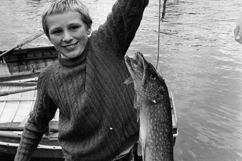 A pike caught in the boating lake at Crookes Valley Park in 1971. Ref no: s29249