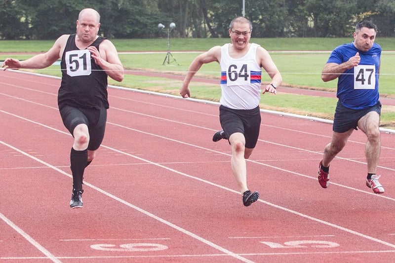 Rosyth's Jack Beattie, No 51,  finishing runner-up to TLJT's Scott Tindle in the 110m final