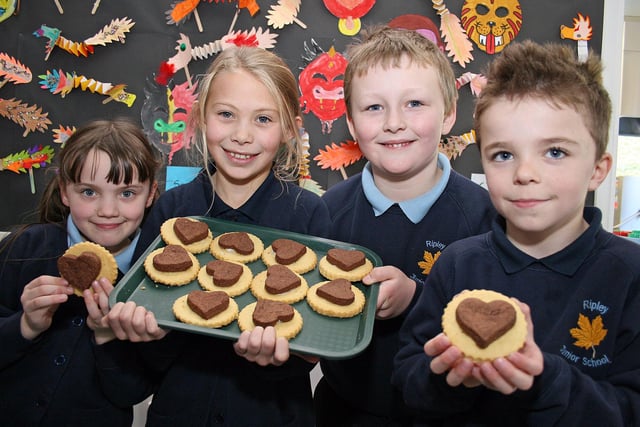 Ripley Junior School pupils Izzi Burgin, Lauren Burton, Kieran Newson and James Metters with their Valentine biscuits in 2009.