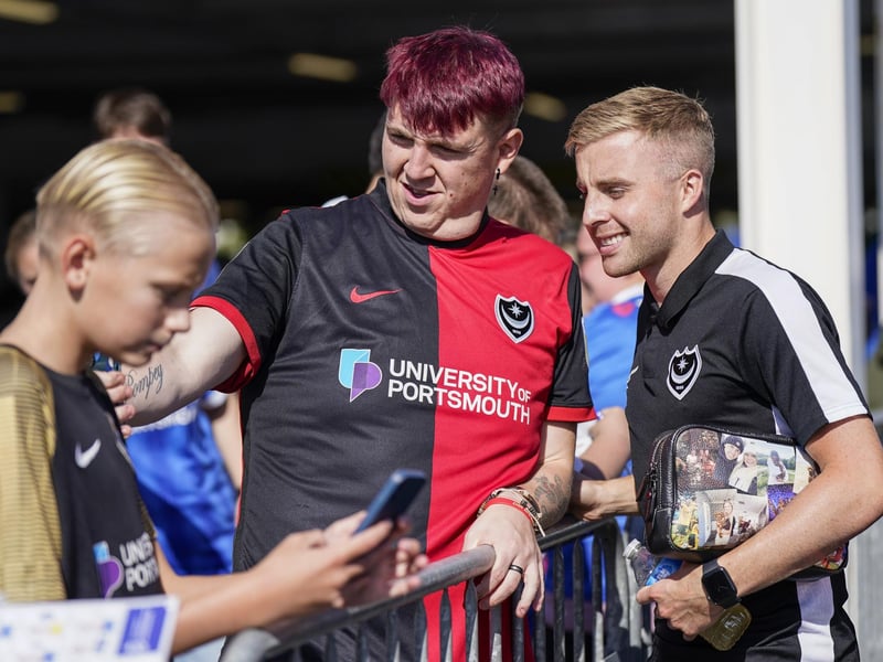 23 September 2023: Joe Morrell interacts with the fans ahead of Pompey's 2-1 win over Lincoln