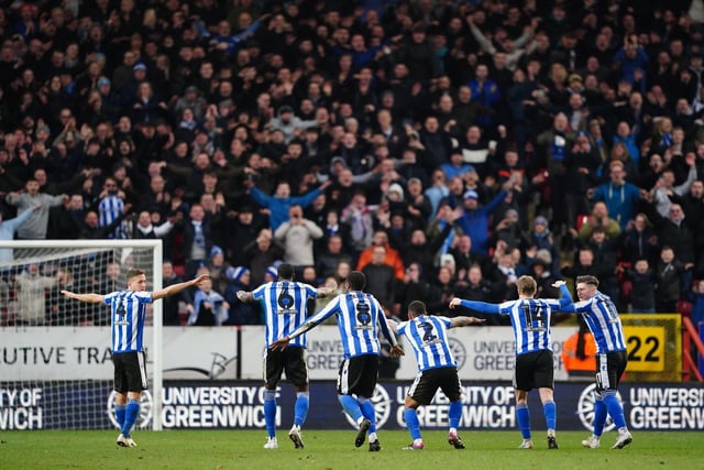 Sheffield Wednesday players celebrate with fans after the Sky Bet League One match at The Valley. Zac Goodwin/PA Wire.