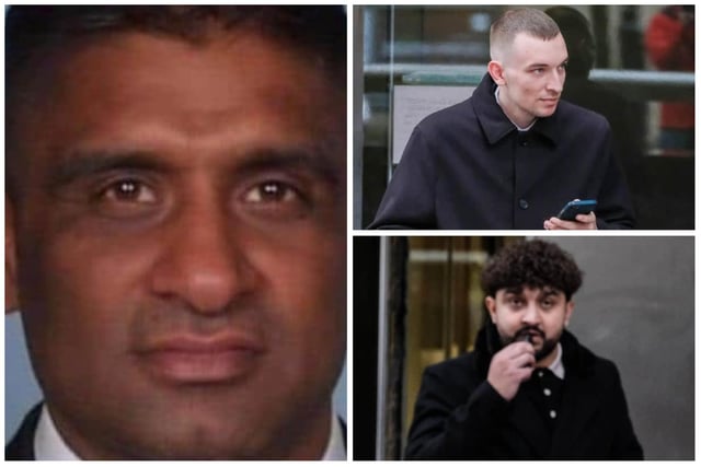 The jury is still deliberating in the manslaughter case of Nadeem Qureshi (left). Three men - Callum Rutherford, Jake Lakin and Arron Hartigan - are accused of fatally injuring the 40-year-old delivery driver in a botched robbery to steal a shipment of laughing gas.