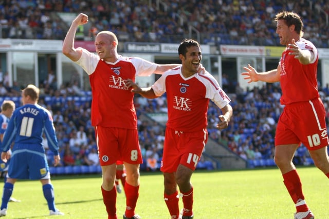 Derek Niven celebrates with fellow goalscorer Jack Lester after scoring the winning goal against Peterborough United at London Road in August 2007.