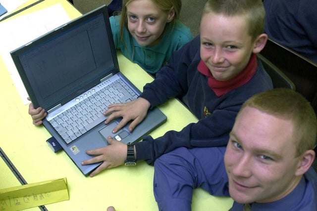 Laptop lessons at Ballifield Primary school;  Rachel Ball and Mitcham Husbands  with teacher Jim Goodmore in 2003