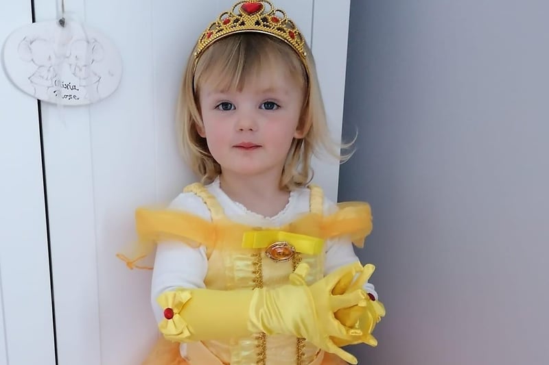 Olivia Rose Fairfax, age 2, dressed as Princess Belle today.