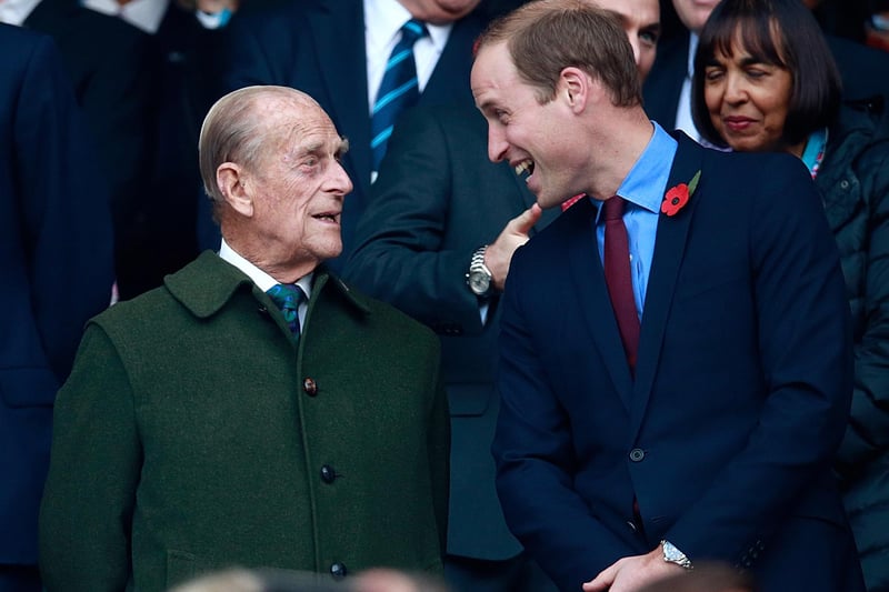 Prince Phillip and Prince William enjoy the build up to the 2015 Rugby World Cup Final match between New Zealand and Australia at Twickenham Stadium in 2015 (Photo: Phil Walter/Getty Images)