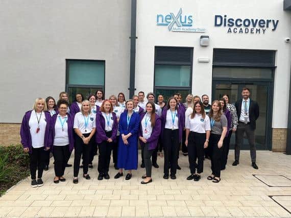 Teachers and staff outside the newly-opened Discovery Academy, on Park Grange Road, in Norfolk Park, Sheffield, for pupils with special educational needs and disabilities (SEND)