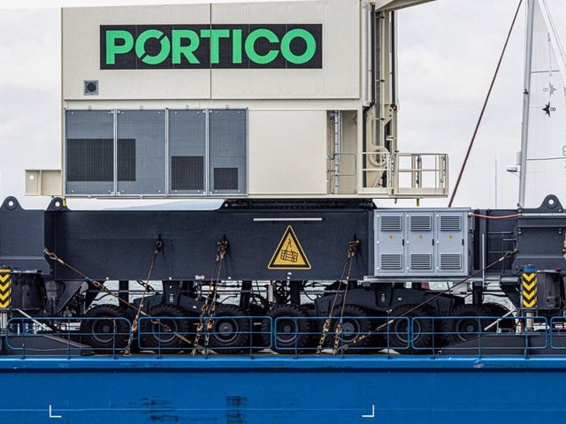 A close-up of the crane being taken to Portico as it arrives in Portsmouth.