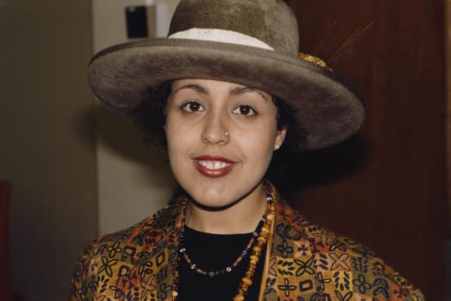 British musician and singer Poly Styrene (born Marianne Joan Elliott-Said, 1957 - 2011) of punk rock band X-Ray Spex at the launch of the Anti-Heroin Project, 1986. (Photo by Fox Photos/Hulton Archive/Getty Images)