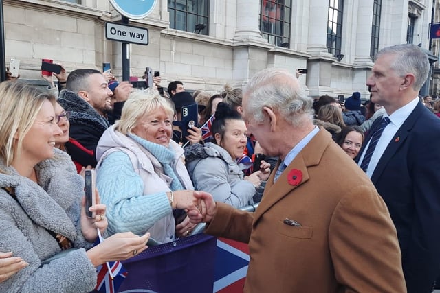 King Charles greeting the crowds in Doncaster during his visit to the city.