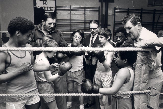 Hillsborough Boys club boxers with Ronald Crookes left and Freddie Smith centre and Henry Hall right April 1975