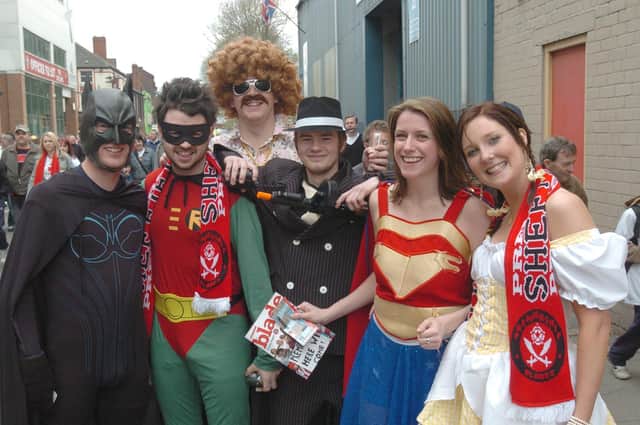 Sheffield United fans in fancy dress. Left to right: Dave Sewell, Chris Sykes, Ben Jonson, Mark Mills, Lynne Markey and Rebecca White.