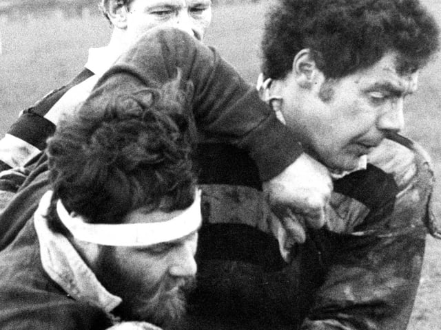 Players from Jarrovians battle it out with Wallsend in a 1981 rugby match.