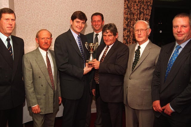 Pictured at the Bramall Lane Executive Suite in 1997, where the Tobin Yorks and Debys Cricket League presentation night was held. Seen LtoR are, Alan Hampshire from Hundall the League Cup Winners,  Roy Hibbart from Sheff University Staff Div 2 winners,  Martyn Moxon who made the presentations, Simon Davies from Ashford in the Water Div 3 winners, Andy Tasker of Sheff Collegiate Div 1 winners, Jack Bland the League President, and Nick Asquith from Youlgreave Div 4 winners